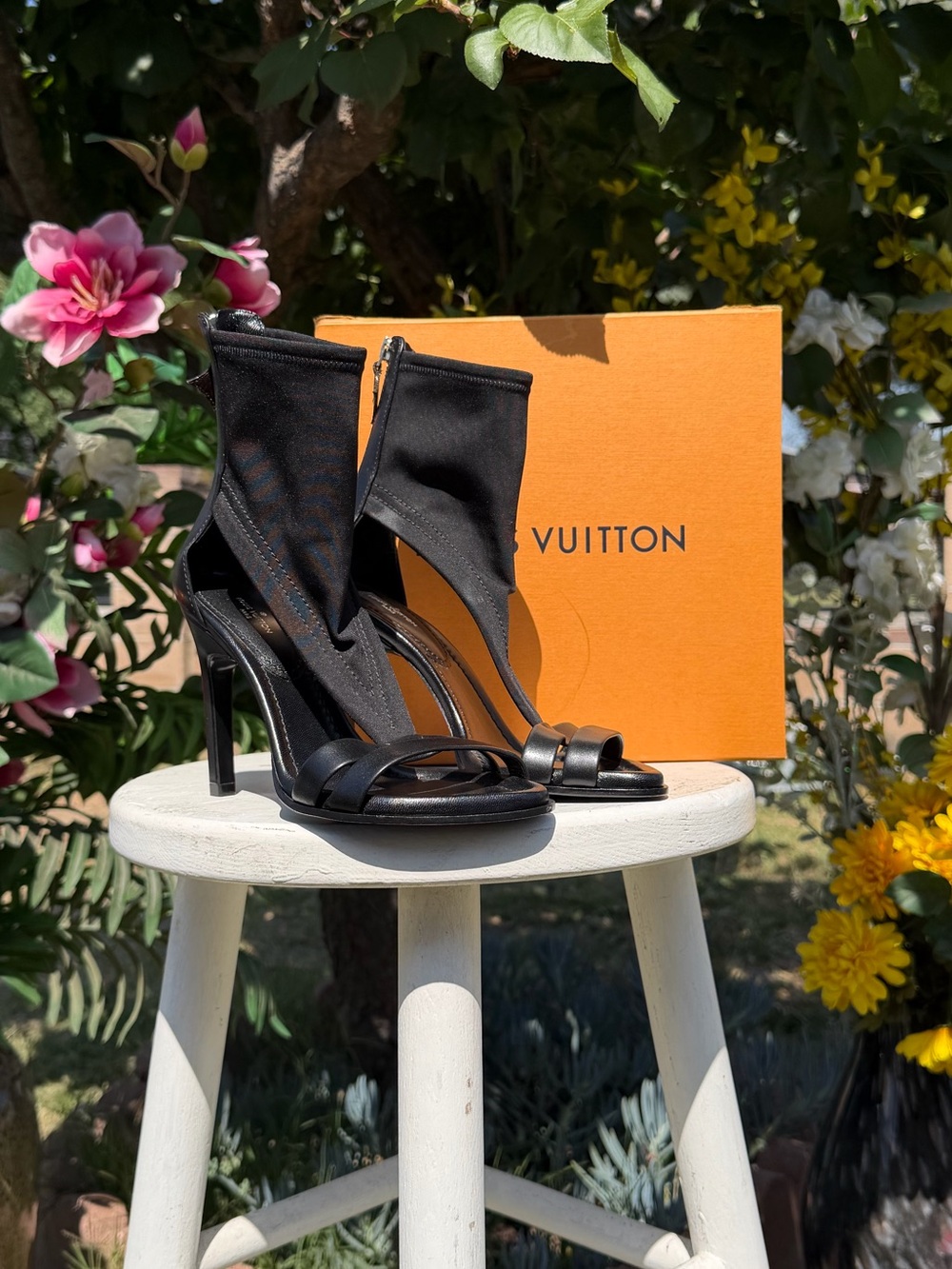 Louis Vuitton Black Sheer Ankle Sock Stiletto Sandals
